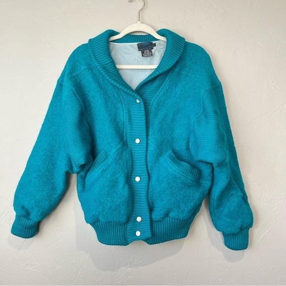 Vtg varsity Bomber Jacket 80s Blue Wool Preppy Colorful Retro sporty bright cute - Picture 10 of 13